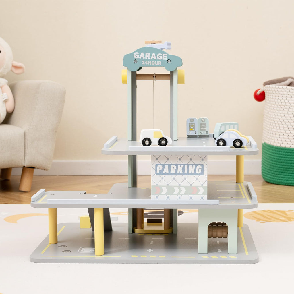 GLACER Wooden Garage Playset, Toddler Parking Garage Toy w/Elevator, Helipad, Wash Center, Charging & Gas Station, Pretend Vehicle Center for Kids 3+ Years Old