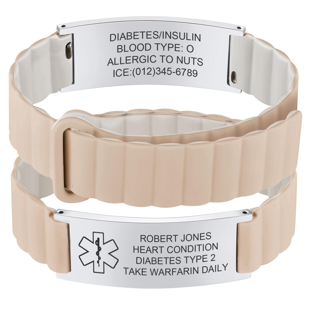 MEALGUET Comfortable Medical ID Bracelet for Men & Women - Custom Engraved Silicone Strap Comfort Medical Alert Bracelets for Sports,Adjustable Waterproof Customizable ID Wristband,White blue