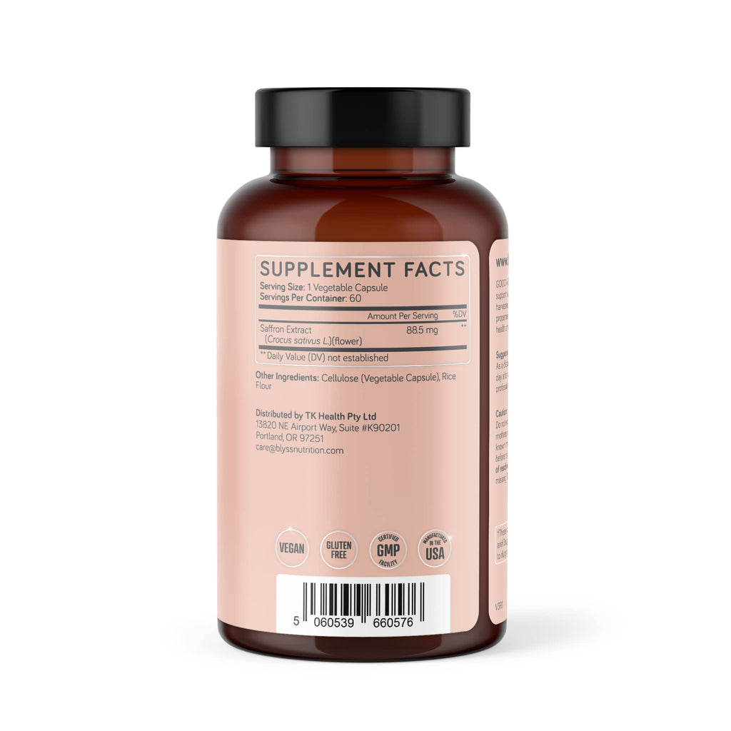 BLYSS Nutrition Saffron Supplements – Saffron Extract Pills for Women – Support Mood, Energy Boost, PMS, Mental Clarity & Metabolism - Non-GMO, Gluten Free, 60 Vegan Capsules