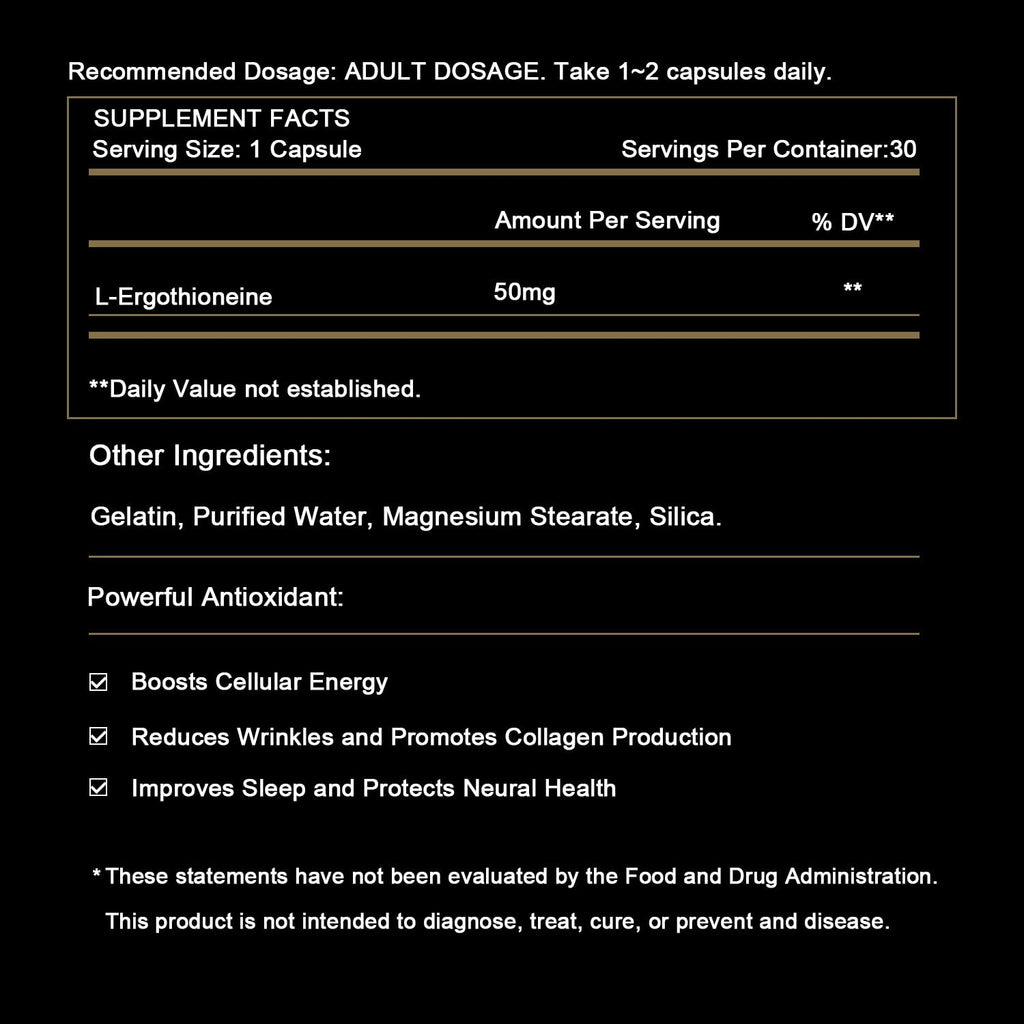 SUPER-SYN L-Ergothioneine 50mg of Ultra-Pure, Antioxidant Dietary Supplement, Cellular Health, Cognitive Health, Longevity, Gluten-Free, Vegetarian, Non-GMO