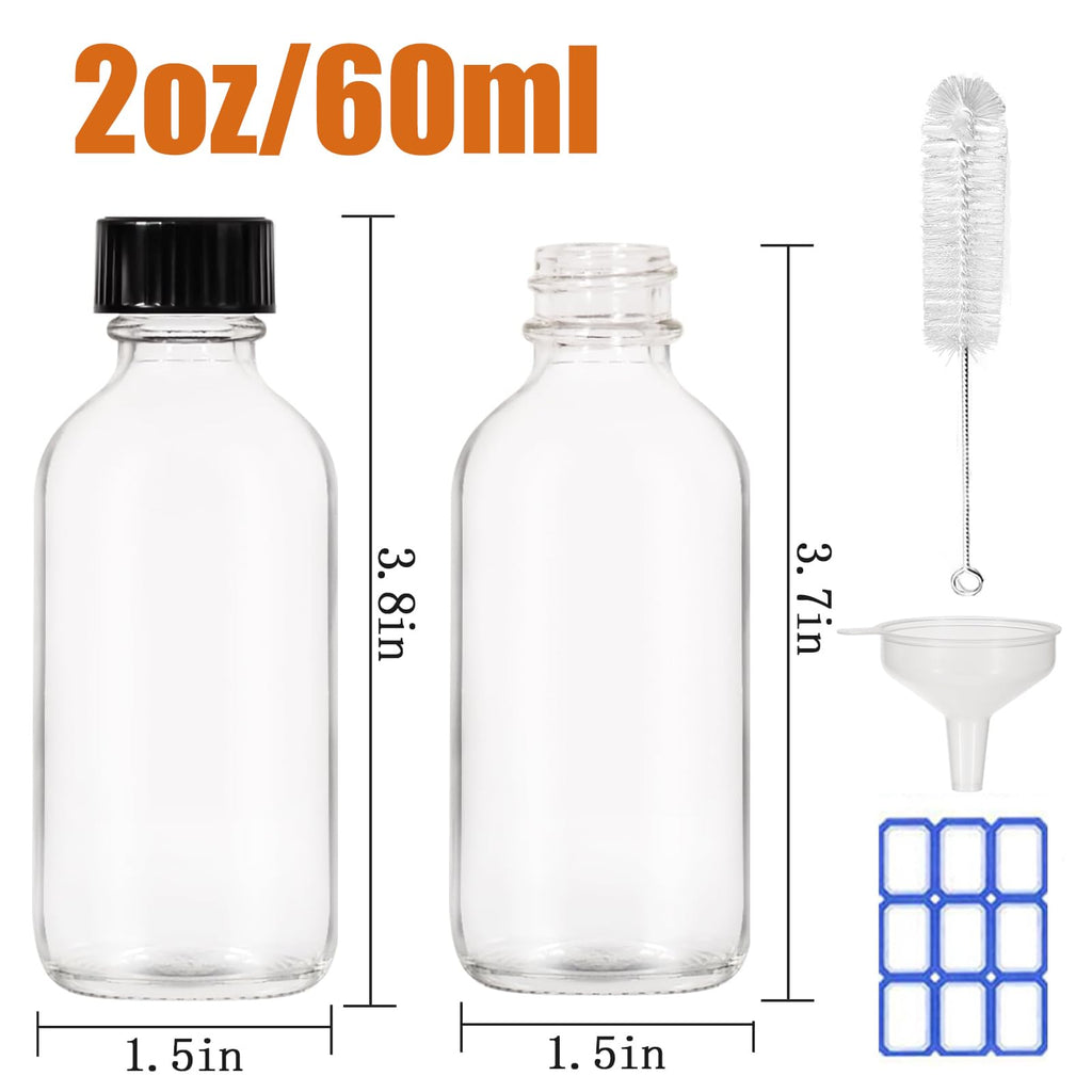2 oz (60ml) 8 Pack Leak-Proof Clear Glass Boston Round Bottles with lids