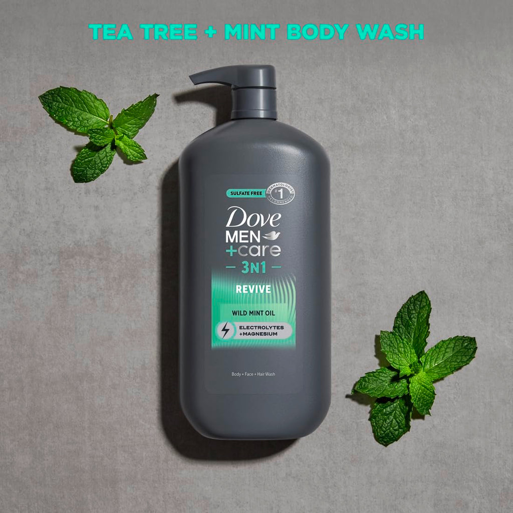 Dove Men+Care Body and Face Wash with Wild Mint Oil, Invigorating Revive 3N1 with 24-Hour Nourishing Micromoisture Technology, 30 oz 3 Count