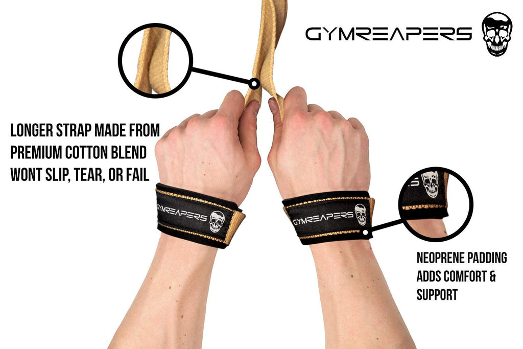 Gymreapers Lifting Wrist Straps for Weightlifting, Bodybuilding, Powerlifting, Strength Training, & Deadlifts - Padded Neoprene with 18" Cotton (Desert Tan)