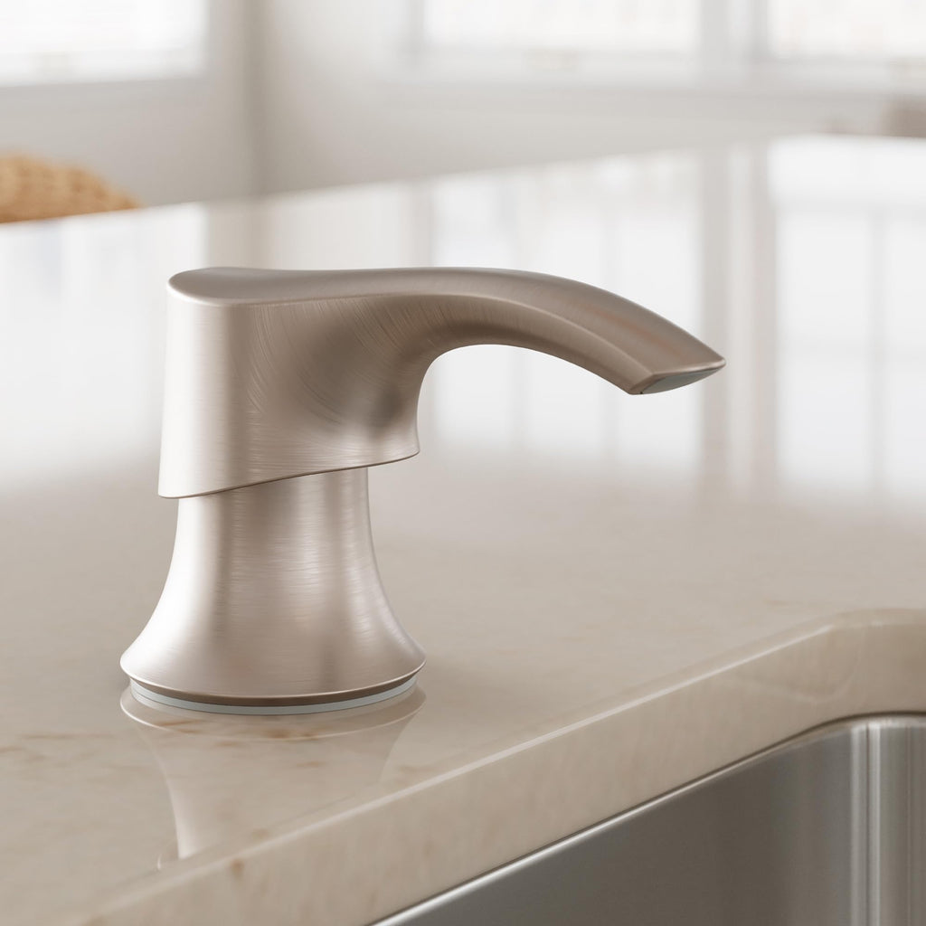 Pfister SoloTilt Kitchen Sink Soap Dispenser Counter-Mounted Stainless Steel Finish with Forward Tilting Thumb-Activated Pump Head and 16 oz Bottle for Dish Soap KSDKEMGS