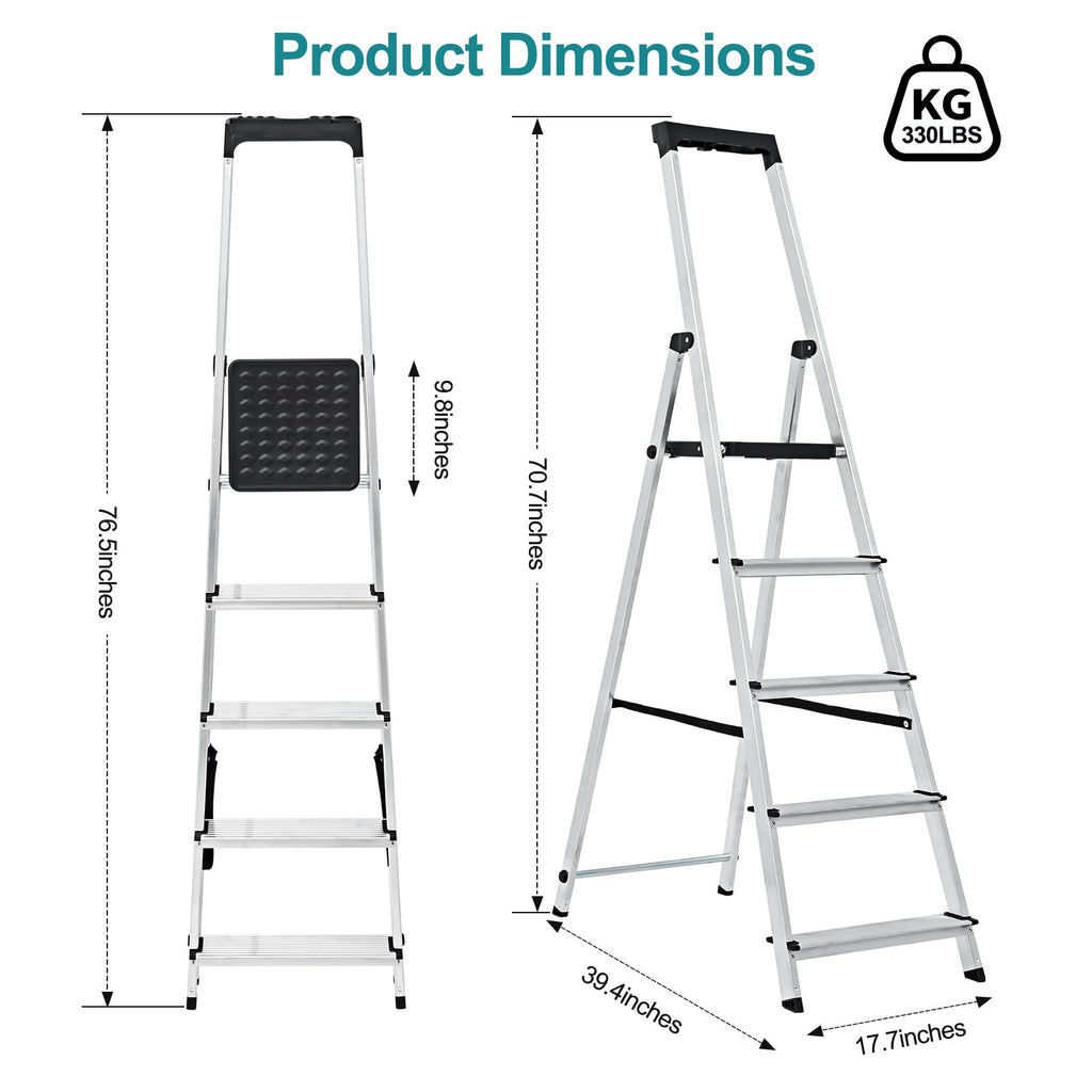 OLIXIS 5 Step Ladder, 330lbs Folding Aluminum Step Stool with Anti-Slip Wide Pedal Handrails, Safety Household Stool Ladder for Home, Kitchen, Courtyard, Outdoor