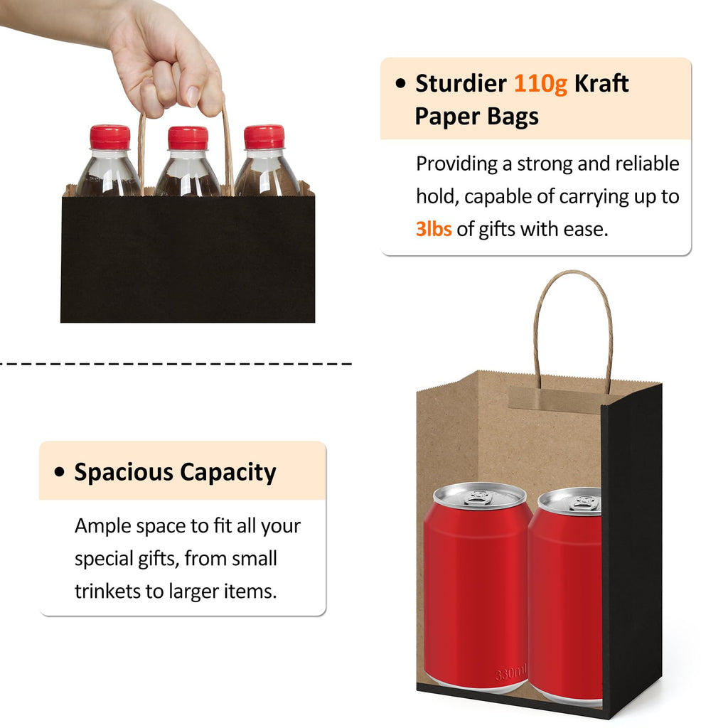 BagDream Gift Bags with Handles 5.25x3x8 Inch Small Black 100 Pack Bulk