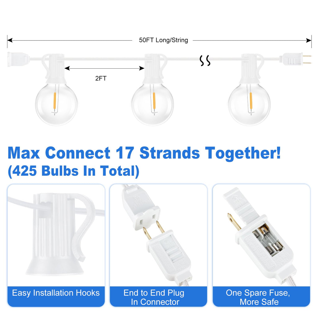 Bosceos Outdoor G40 LED Globe String Lights 50FT Dimmable Shatterproof Waterproof Patio Lights with 25+2 Bulbs Connectable Commercial Hanging Light for Patio Balcony Backyard Party (White Wire)