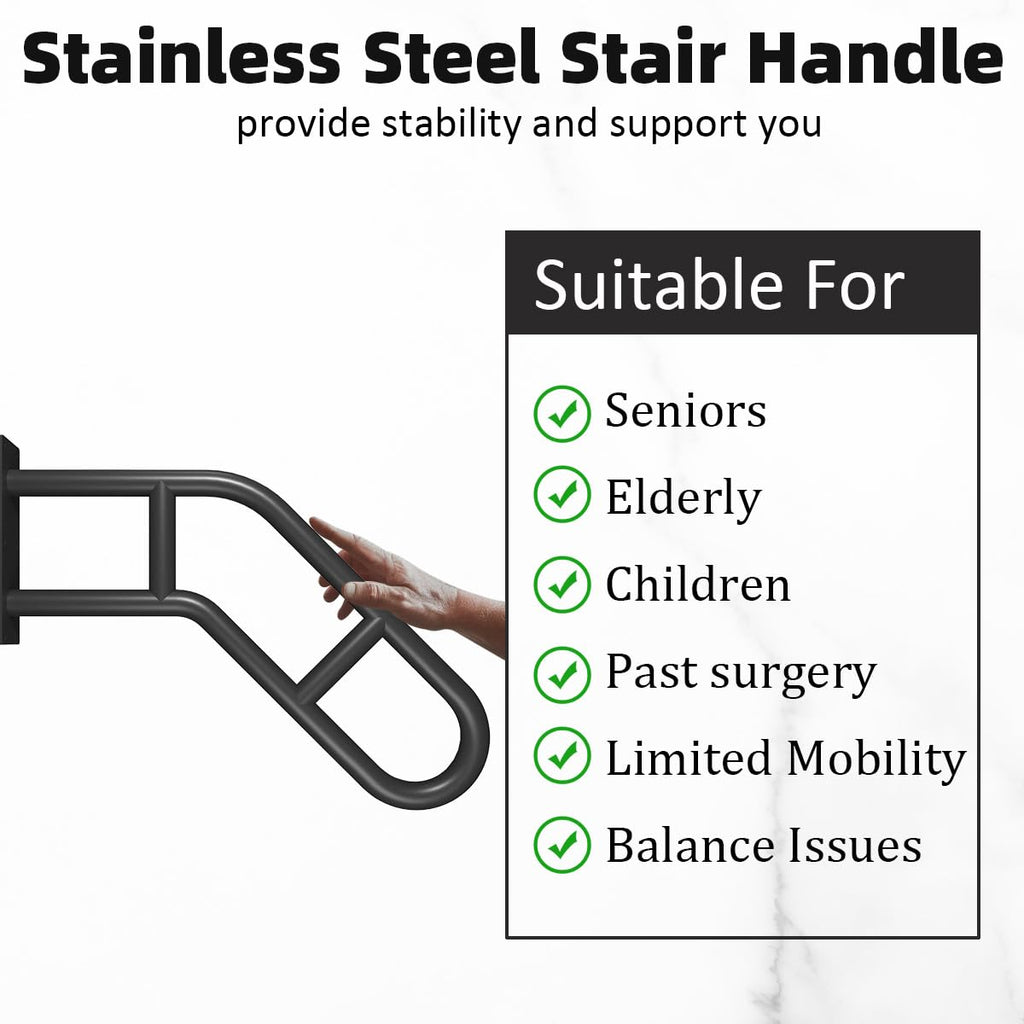 Wall Mount Hand Rails for Outdoor or Indoor Steps Stair Railing Metal Heavy Duty Non-Slip 1-3 Step Safe Bars U-Shape Safety Handle Powder Coated Grab Porch Courtyard Doorways Black 23in