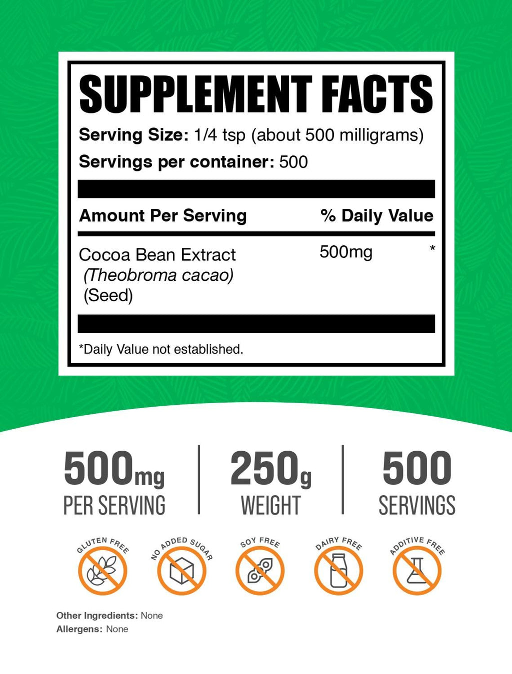 BulkSupplements.com Cocoa Bean Extract Powder - Cocoa Supplement - Unsweetened, Vegan & Gluten Free, 500mg per Serving, 250g (8.8 oz) (Pack of 1)