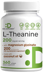L-Theanine with Magnesium Glycinate, 360 Softgels | L-Theanine 200mg & Magnesium Glycinate 200mg per Serving | 2-in-1 Amino Acid & Mineral Complex | Made with Coconut Oil | Non-GMO, cGMP Manufactured