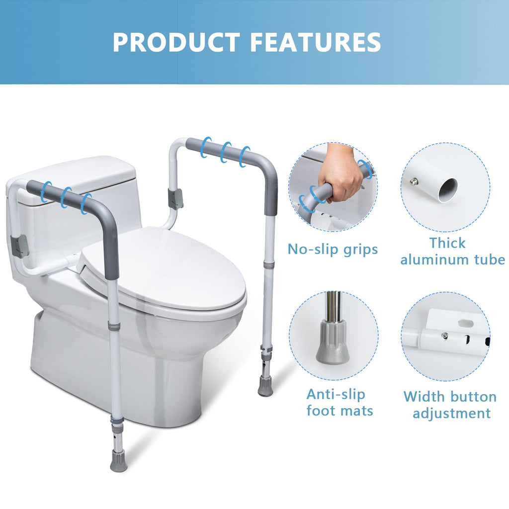 WeHwupe Toilet Safety Rails for Elderly Adults - Adjustable Bathroom Toilet Safety Frame with Handles - Stand Alone Toilet Grab Bar for Senior, Handicap & Disabled,Fits Most Toilets, White, TRX-8002