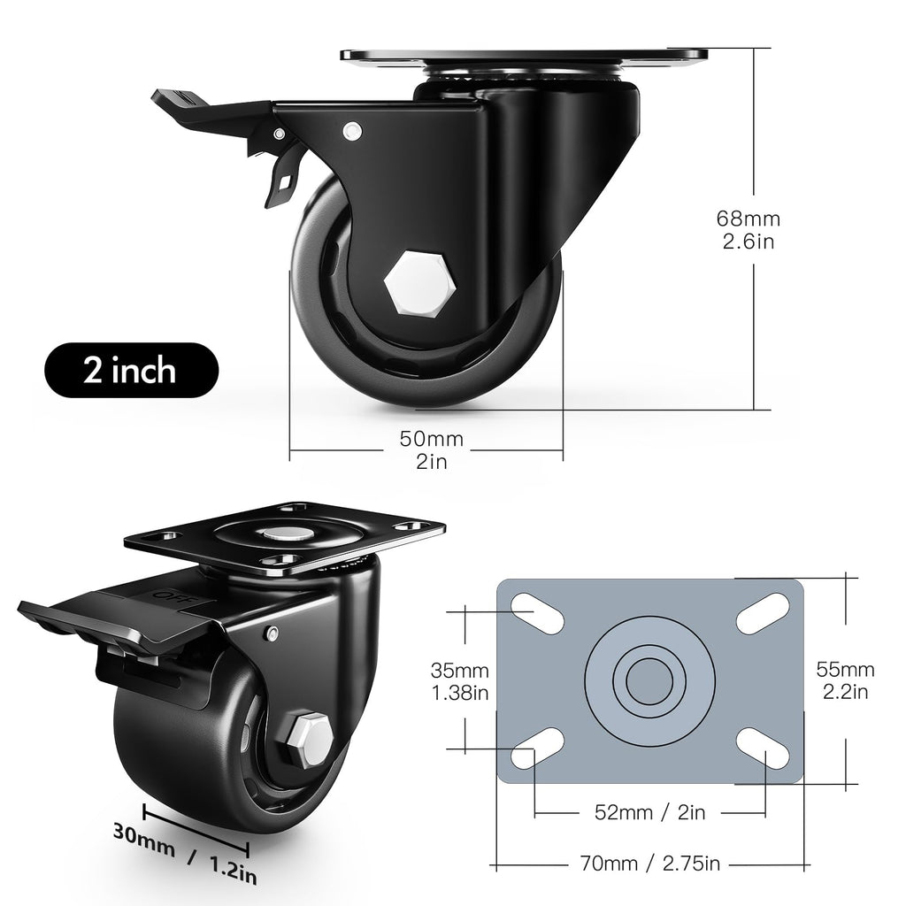 ANDUTEES 2 Inch Caster Wheels, Casters Set of 4, Heavy Duty Casters Load 2200lbs, Locking Swivel Plate Industrial Casters, Low Gravity Center Castor for Furniture and Workbench