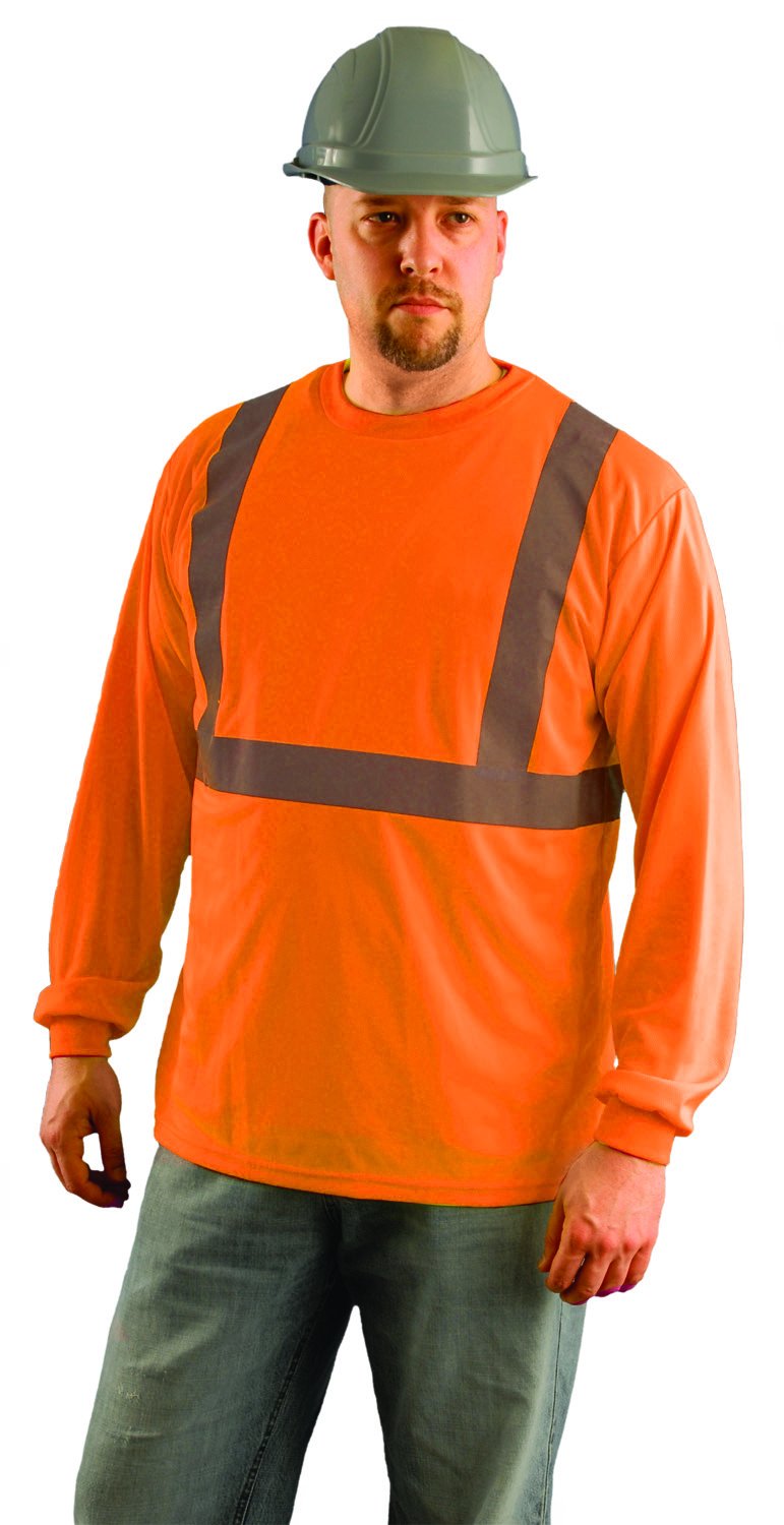 OccuNomix LUX-LSET2B-O4X Classic Standard Long Sleeve Wicking Birdseye T-Shirt with No Pocket, Class 2, 100% ANSI Wicking Polyester Birdseye, 4X-Large, Orange (High Visibility)