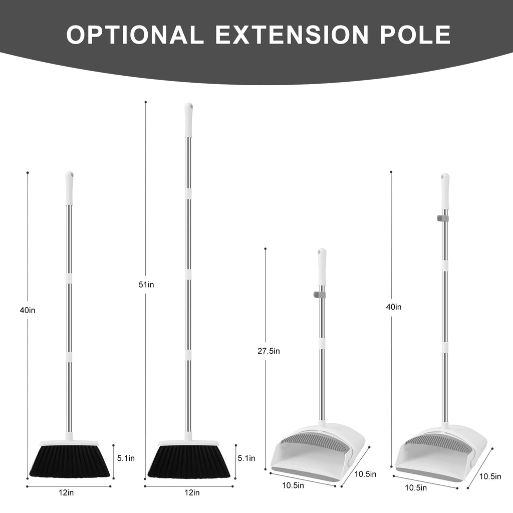 BSKLIN Broom and Dustpan Set, Broom Dustpan Combo Set for Home 52-in Long Adjustable Handle Broom with Dustpan Teeth to Clean Hair for Home Office Kitchen Lobby(White)