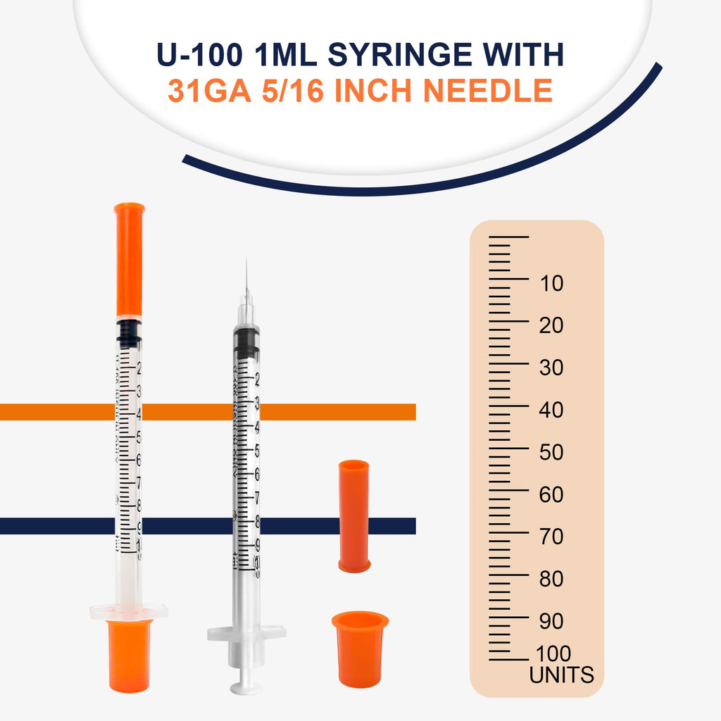 1ml 31G 5/16 Inch 8mm Syringes with Needle, U-100 Lab Tools, Pack of 100