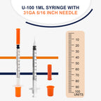 1ml 31G 5/16 Inch 8mm Syringes with Needle, U-100 Lab Tools, Pack of 100