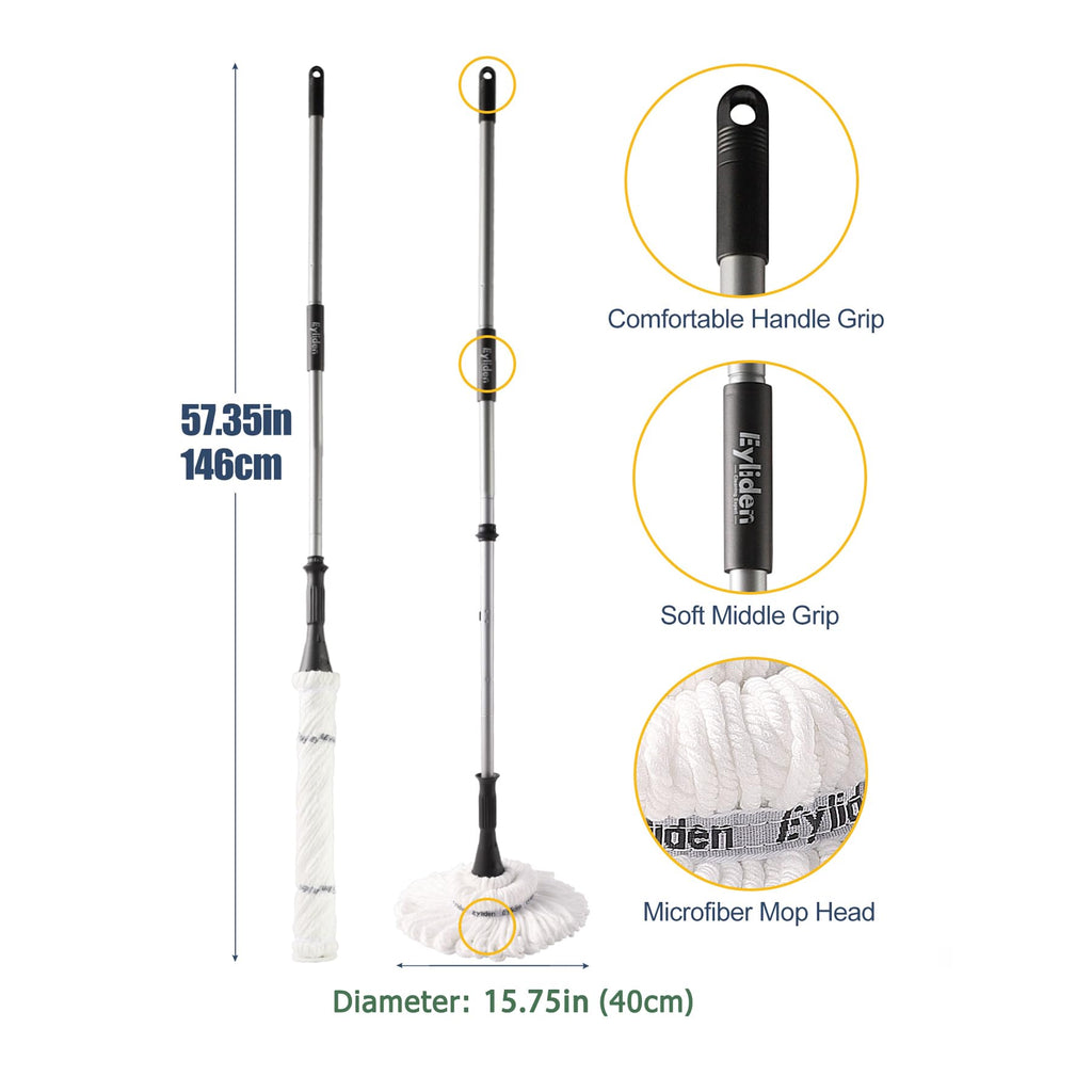 Eyliden Mop with 2 Reusable Microfiber Heads, Easy Wringing Twist Mop, 57.5 inch Long Handle, Wet Mops for Floor Cleaning, Commercial Household Clean Hardwood, Vinyl, Tile, and More (White)
