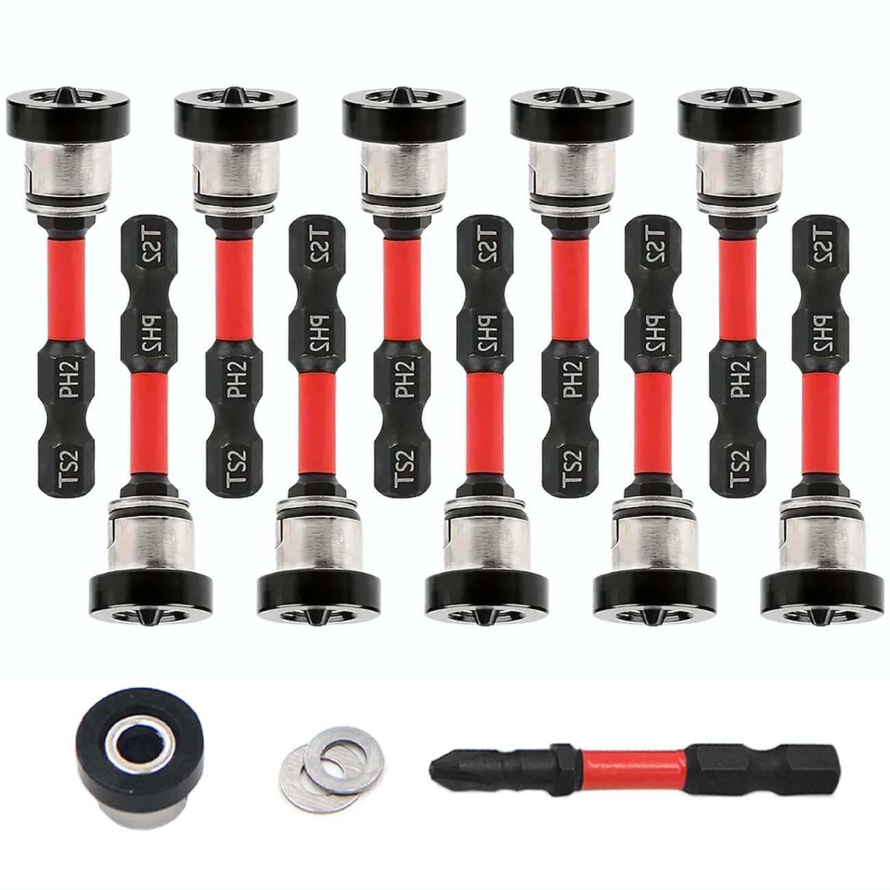 5pcs Magnetic Drywall Screw Setter Bits – Adjustable Depth PH2 Positioning Bits with Removable Aluminum Collar, S2 Steel Hex Shank for Sheetrock and Plasterboard Screws (10pcs 2")