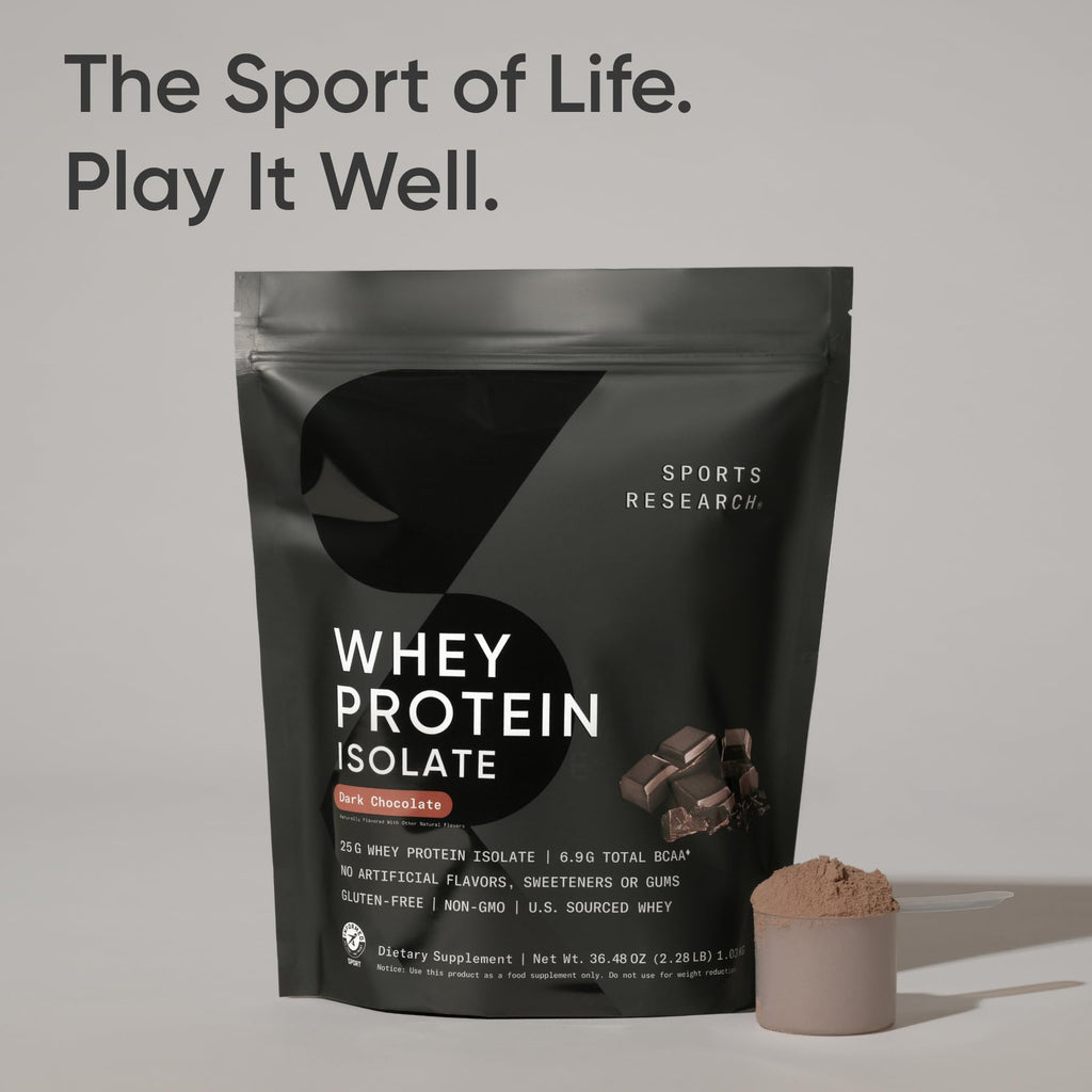 Sports Research® 100% Whey Protein Isolate Dark Chocolate - U.S. Sourced Protein Powder w/BCAAs - No Artificial Flavors or Gums- Informed Sport Tested · Gluten Free - 2lb Bulk Bag, 25 Servings