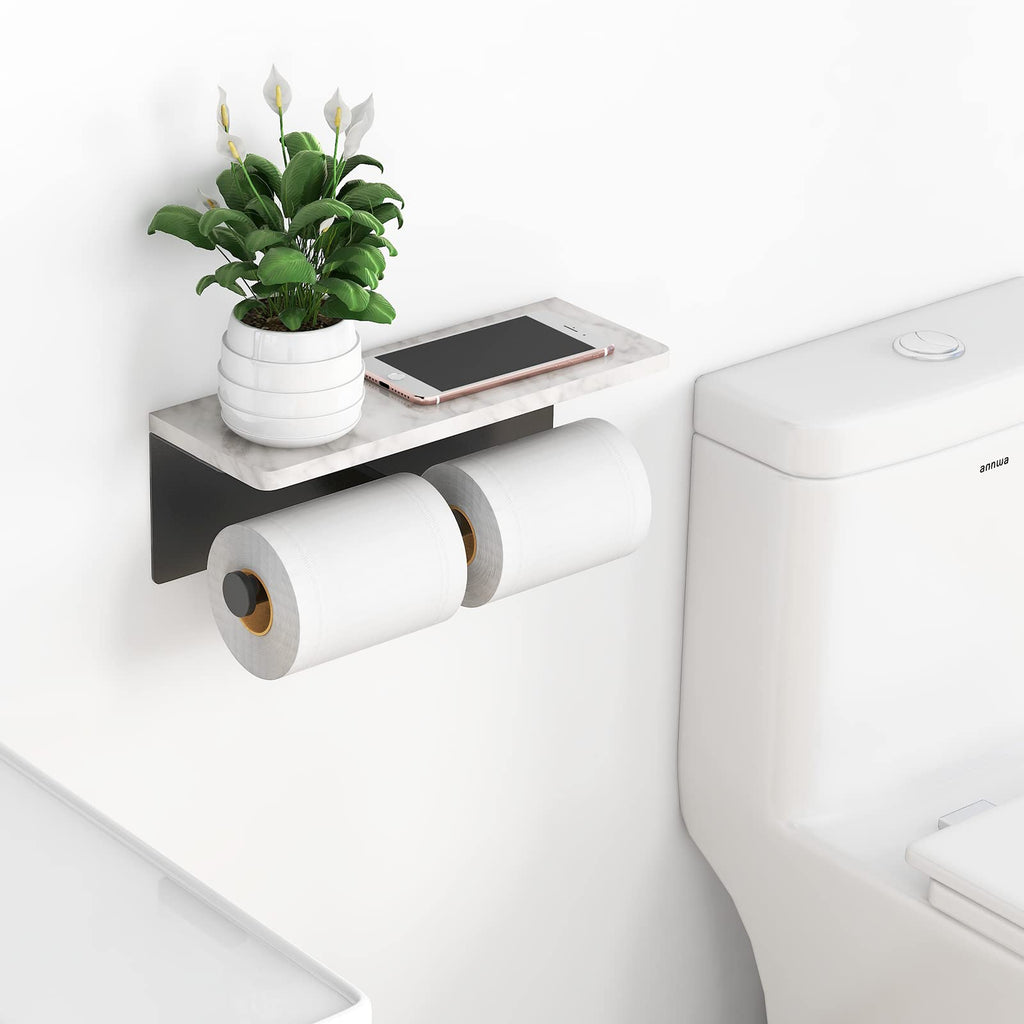 Gypie Toilet Paper Holder with Shelf, New Upgrade Double Toilet Paper Holder with Storage, Marble Roll Toilet Paper Wall Mount for Bathroom Washroom(Black)