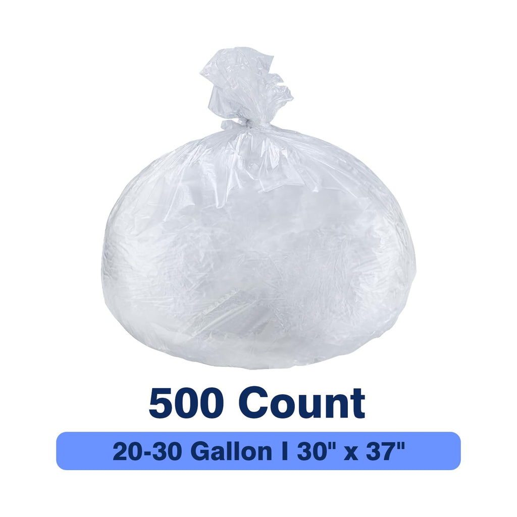 Plastiguide 20-30 Gallon Trash Can Liners, 500 Count High Density Garbage Bags, 30'' x 37'', Clear, for Outdoor, Bathroom, Office, Recycling, Janitoria, Commercial and Industrial Use
