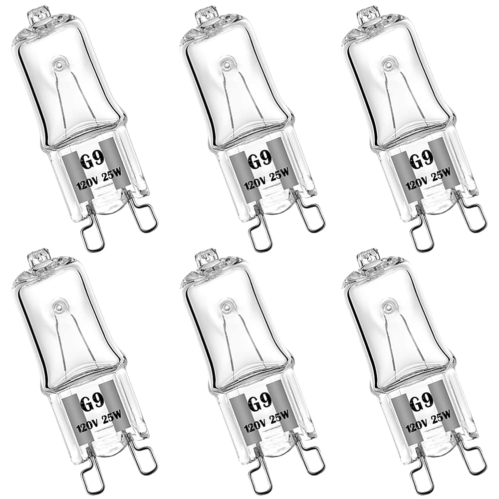 YBEK G9 Halogen Bulb 120V 25W T4 Type 2 Pin Base, Replacement for Range Hood Lights, Bathroom Light Bulbs, Microwave Ovens Candle Warmer Light Bulbs, Wax melt Bulbs Dimmable Warm White (6 Pack)