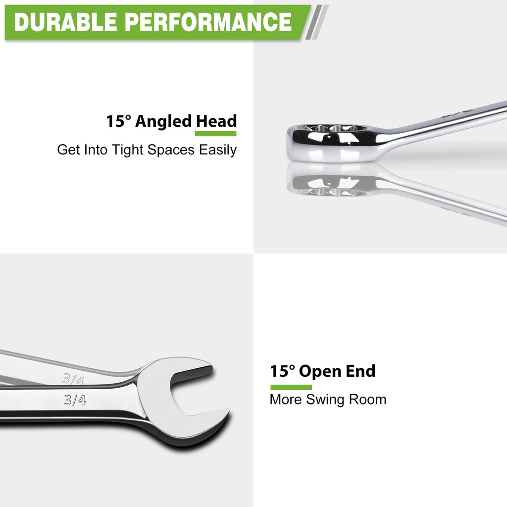 Metric Combination Wrench Set, 15-Piece 8, 9, 10, 11, 12, 13, 14, 15, 16, 17, 18, 19, 20, 21, 22mm, Chrome Vanadium Steel with 12-Point Box End, 15-Degree Offset, Mirror Polished, with Rolling Pouch