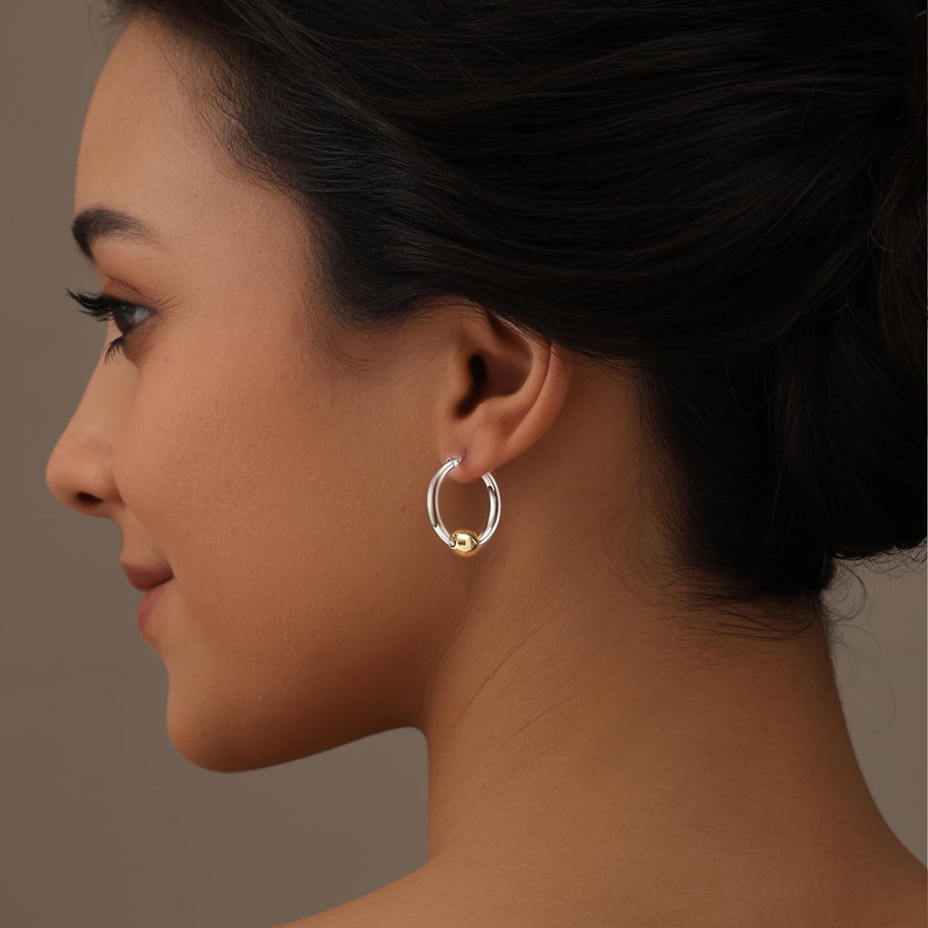 LeCalla 925 Sterling Silver Cape Style Hoop Earrings | 14K Gold-Plated Two-Tone Ball High Polish Beaded Click-Top Hoop Earrings for Women - 25mm