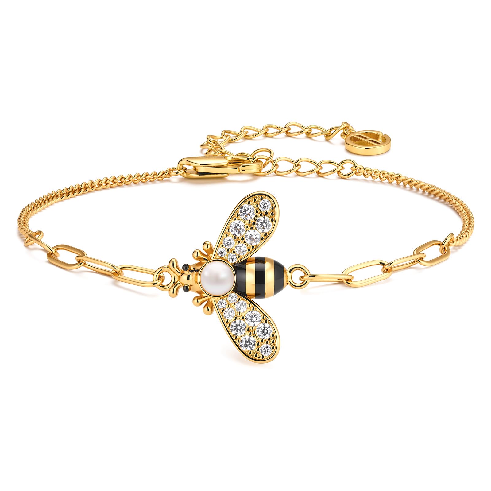 Cicy Bell Bracelets for Women Bumble Bee 18K Gold Plated Bracelets Oval Pearl Cubic Zirconia Figaro Chain Trendy Cute Animal Jewelry Gift