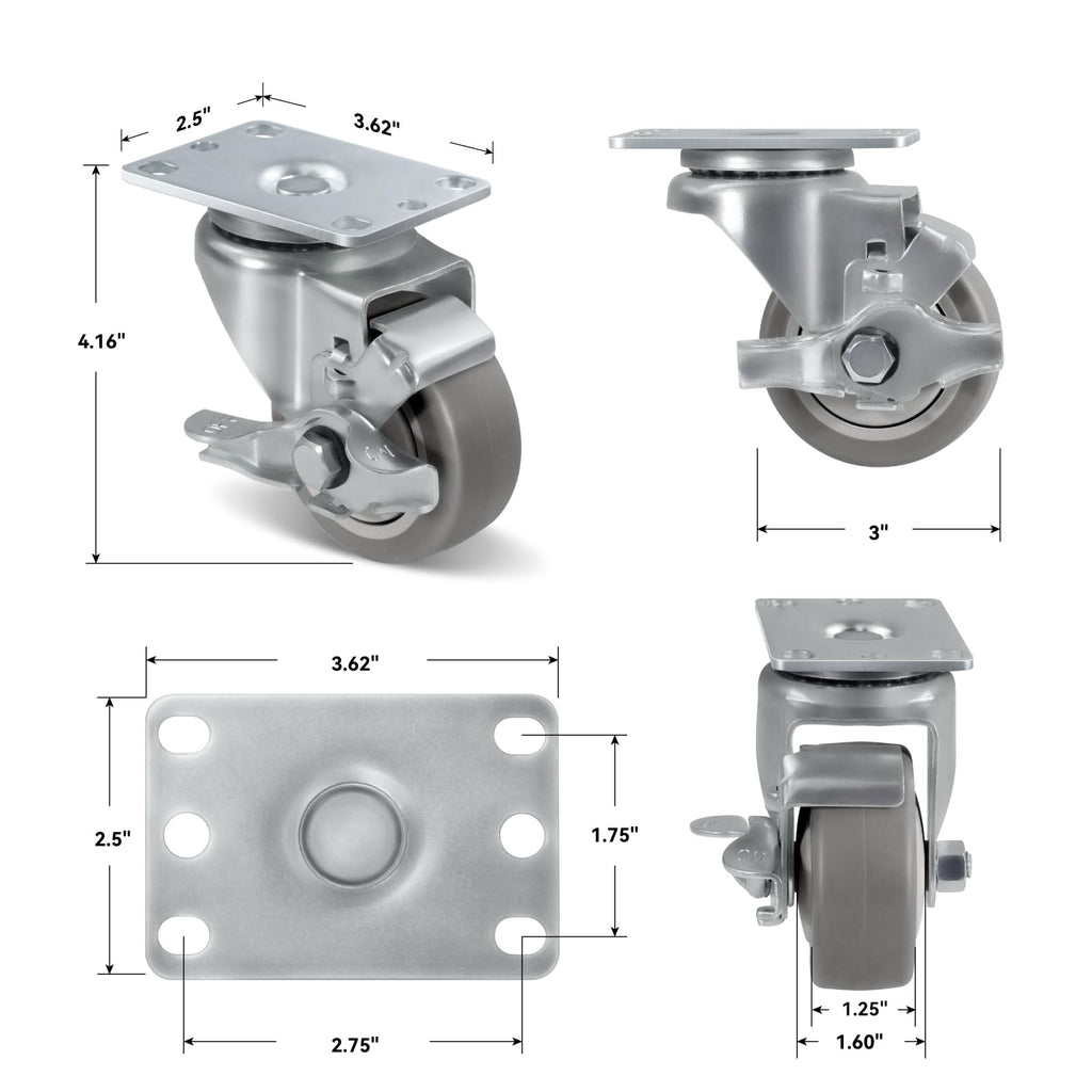 NINOSO 3" Heavy Duty Casters, Swivel Caster Wheels with Brakes, Plate Casters with Rubber Wheel for Furniture Platform Truck Dolly Cart, Set of 4 (2 Brakes & 2 Rigid)