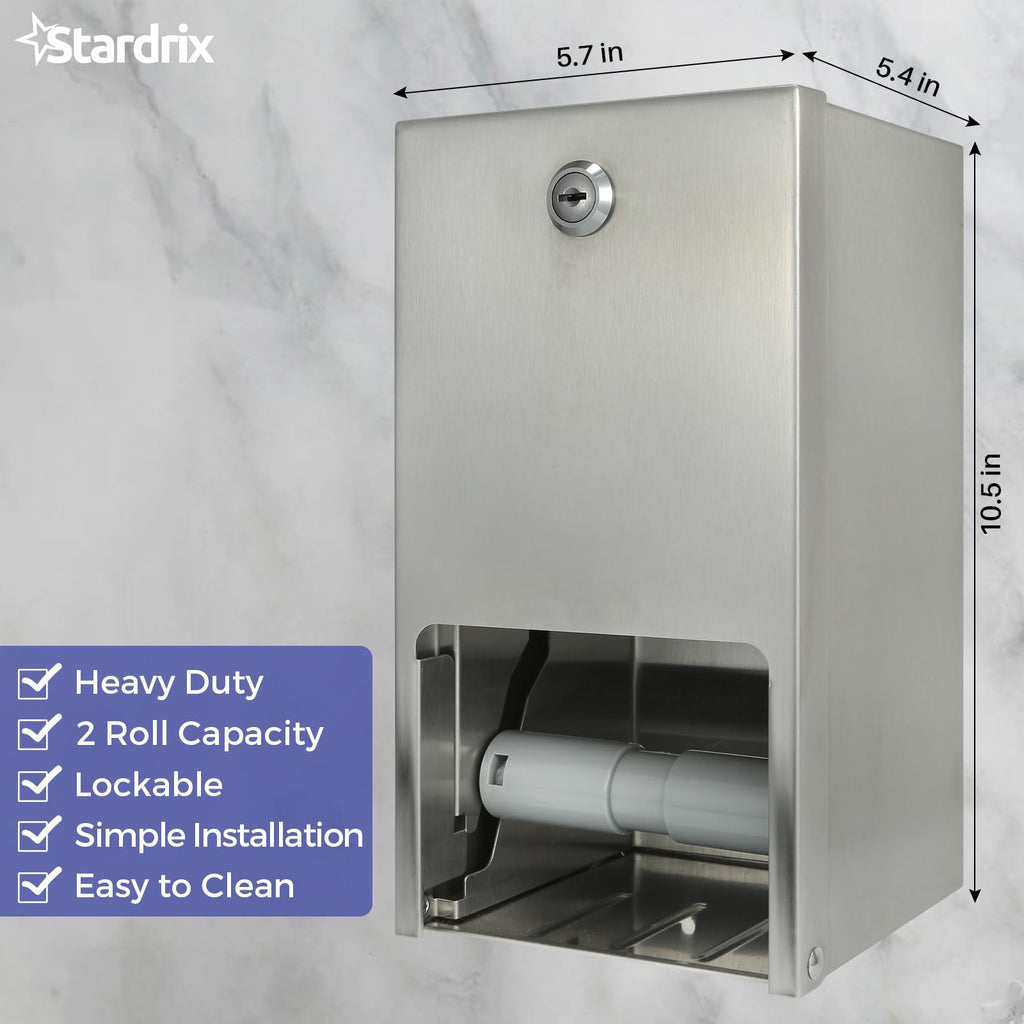 Stardrix 2 Roll Stainless Steel Commercial Toilet Paper Dispenser, Heavy Duty Wall Mount Tissue Holder with Lock for Restroom/Bathroom