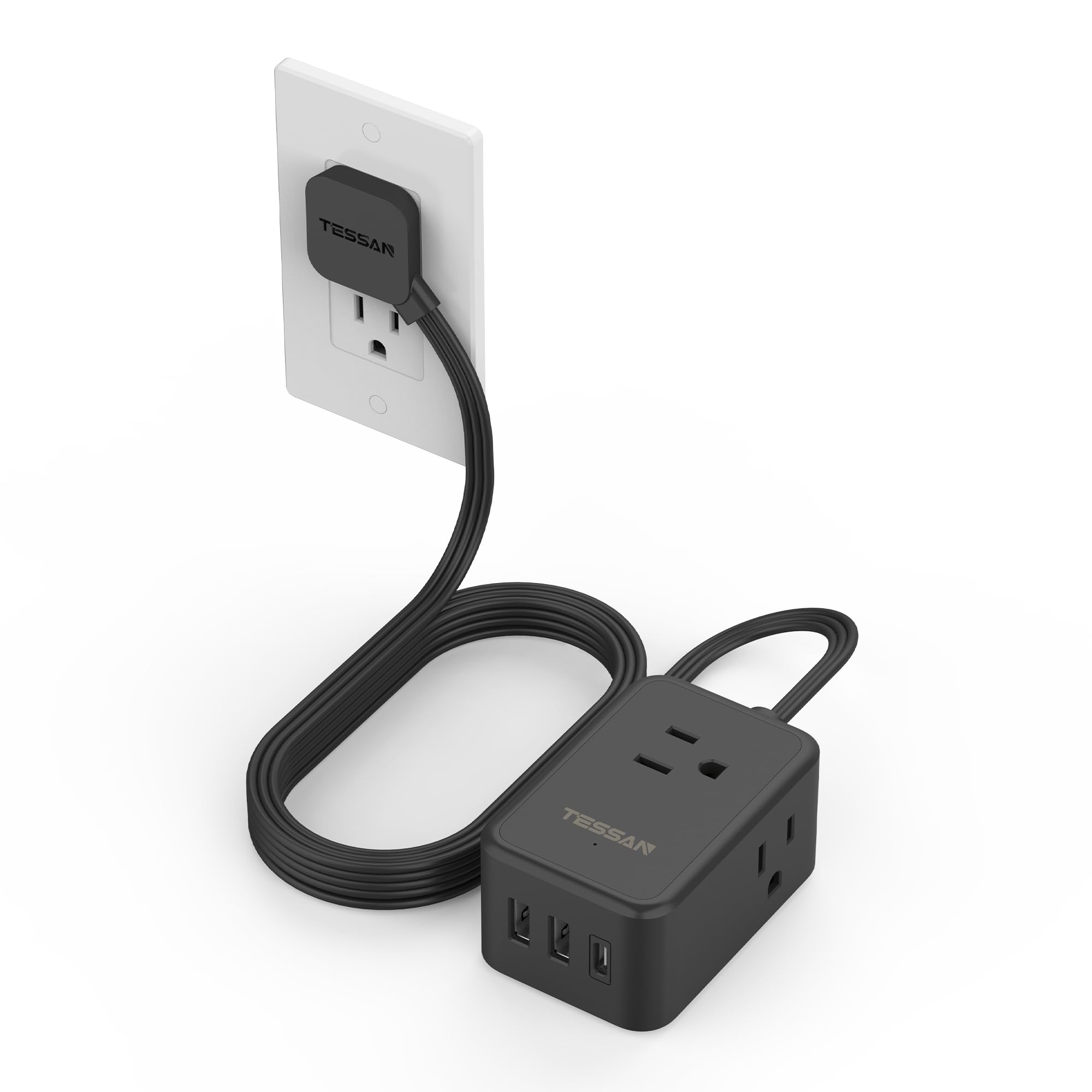 TESSAN Small Flat Plug Power Strip, Ultra Thin Extension Cord 5 ft, 3 AC Outlets with 3 USB Ports (1 USB C), Multiple Wall Outlet Extender for Cruise Travel Office School Dorm Room Essentials, Black