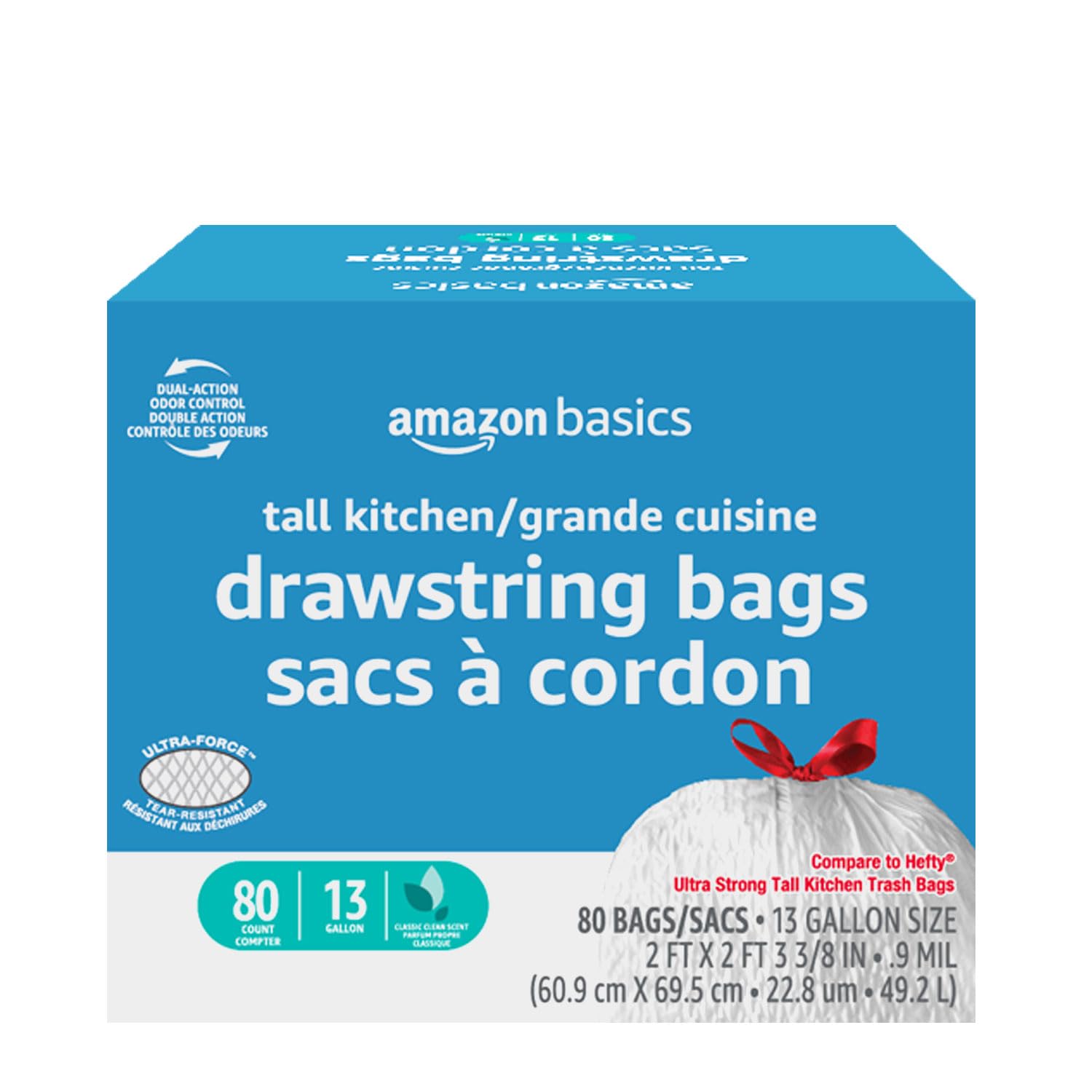 Amazon Basics Ultra-Force Tall Kitchen Drawstring Trash Bags, Classic Clean Scented, 13 Gallon, 80 Count with Odor Control