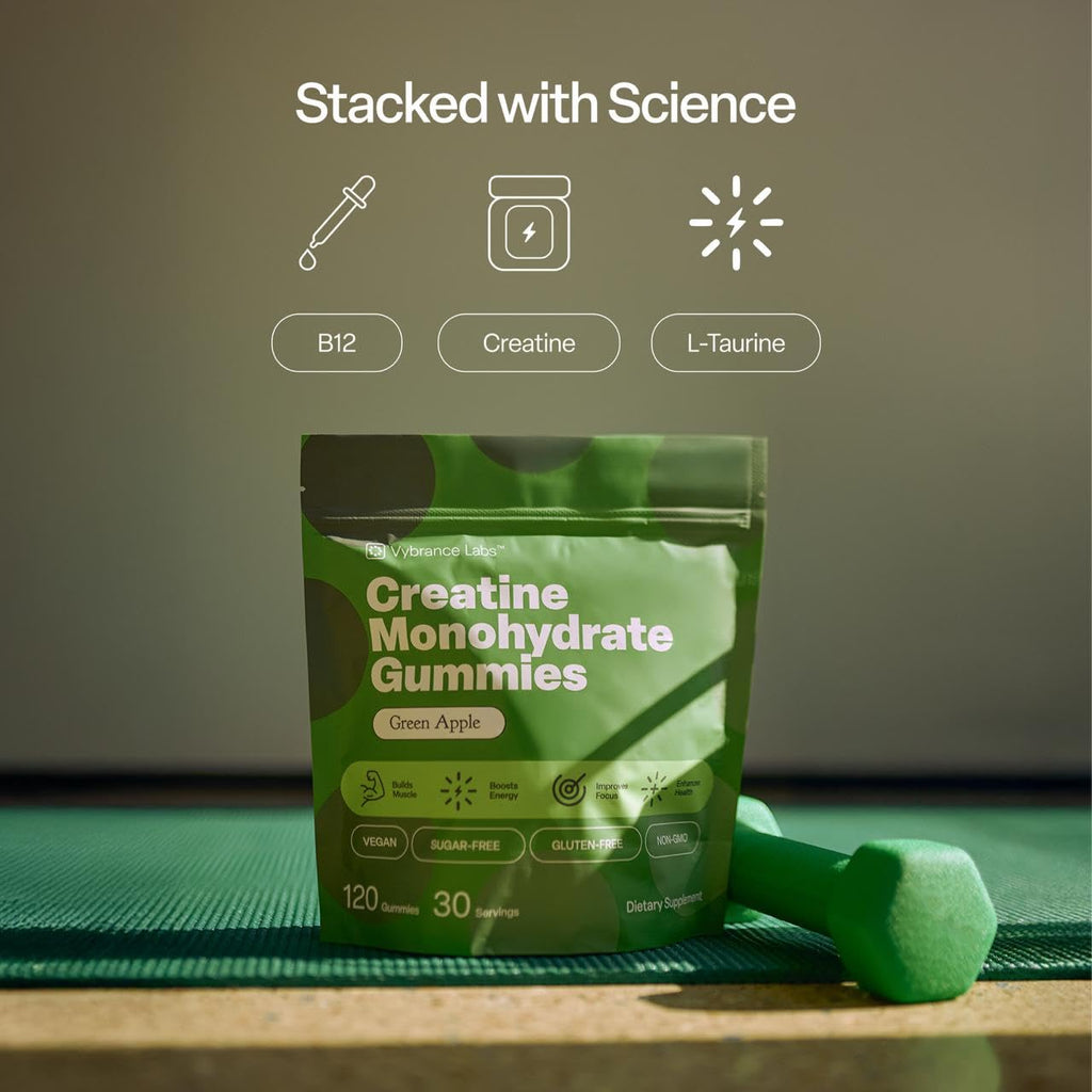 Creapure Creatine Gummies 5g + Taurine & B12 - Sugar-Free, Vegan, Gluten-Free - Green Apple - 120 Count (30 Servings) for Strength, Energy & Focus
