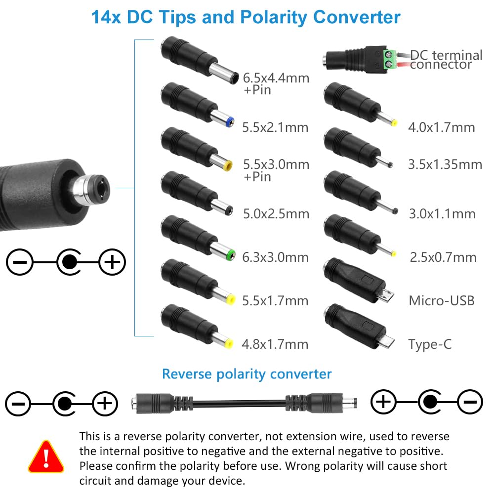 SHNITPWR 3V ~ 24V 3A 72W Power Supply Adjustable DC 3V 5V 6V 9V 12V 15V 16V 18V 19V 20V 24V Variable Universal AC/DC Adapter 100V-240V AC to DC Converter with 14 Tips 5.5x2.5mm 4.0x1.7mm 3.5x1.35mm