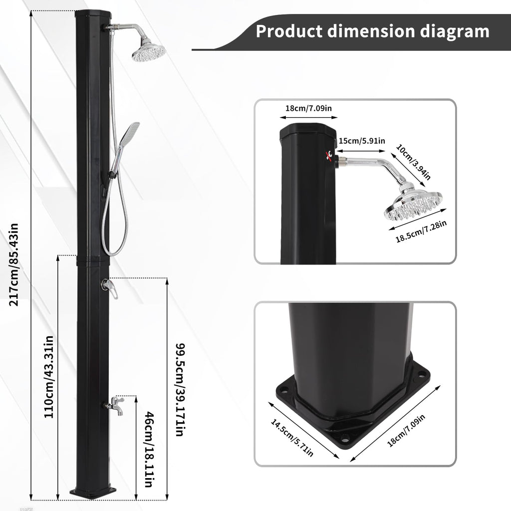 9.3 Gallon Solar Heated Outdoor Shower, 7.2FT Height, 360°Rotating Rainfall + 6FT Handheld Shower + Foot Faucet, Freestanding Black Poolside Shower with Hot & Cold Water Adjustment