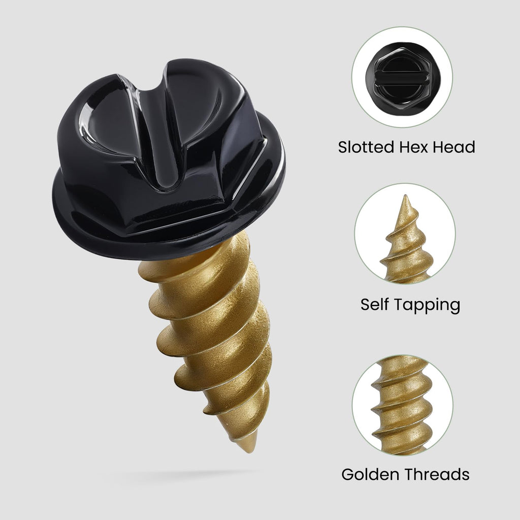 SVLING #8 x 1/2" Self Tapping Gutter Screws, 220PCS Black Painted Slotted Hex Head Sheet Metal Screws Golden Thread Ruspert Coating Finish, 1/4" Hex Bit Socket Included