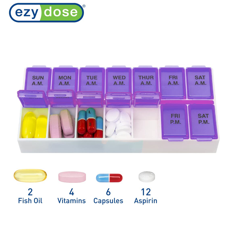 EZY DOSE Weekly (7-Day) AM/PM Daily Pill Case, Medicine Planner, Vitamin Organizer, Fish Oil Holder, Supplements Container, Medium Compartments, 2 Times a Day, Color May Vary, BPA Free (Pack of 3)
