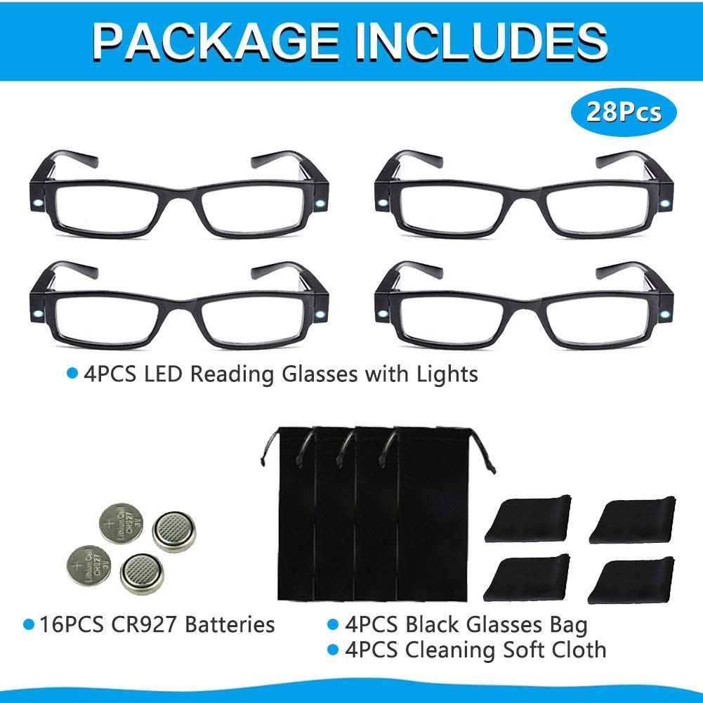 4 Pcs Reading Glasses Led Readers with Lights Fashion Glasses for Reading for Men and Women Lighted Magnifier Nighttime Reader Compact Full Frame Eyewear Unisex Clear Vision Lighted Eye Glasses(+250)