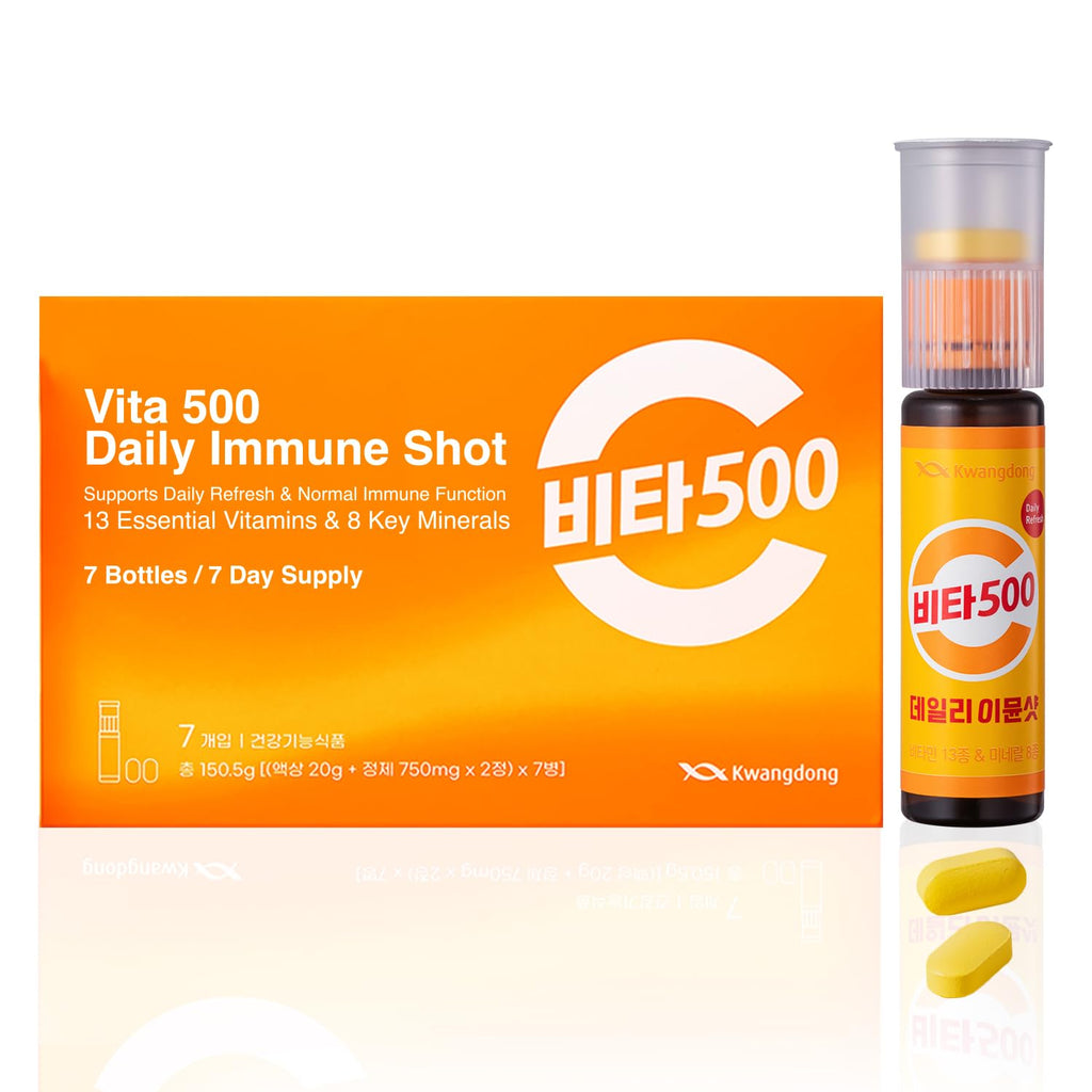 KWANGDONG Vita500 Daily Immune Support Shot - 13 Vitamins 8 Minerals Immunity Booster Supplement, Liquid Vitamin C Drink, Ready to Drink Energy Shot, Korean Vitamin Supplement, 0.75 Fl Oz (7 Bottles)