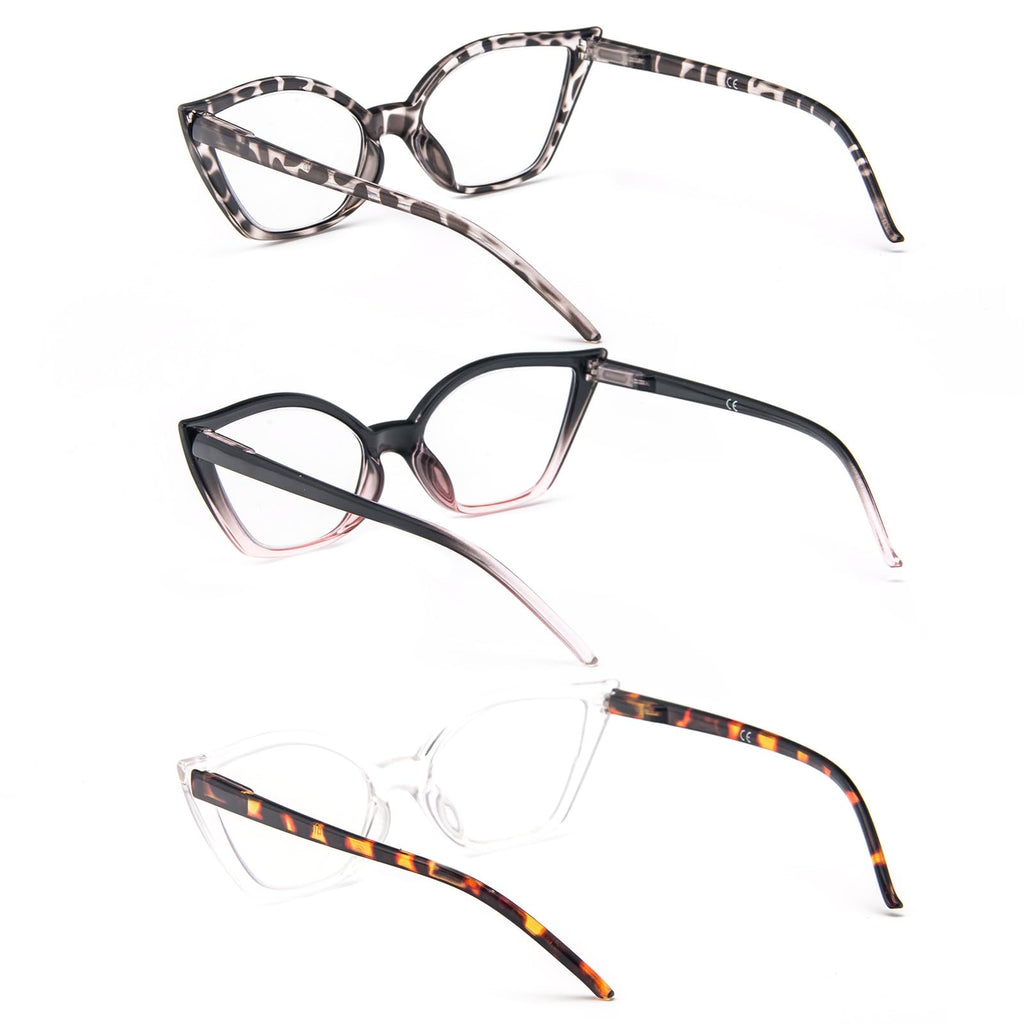 DXYXYO Cat Eye Reading Glasses 2.0+ Strength for Women 3 Pack Anti Blue Light Computer Readers Stylish Retro with Spring Hinge, Demi+black pink+clear