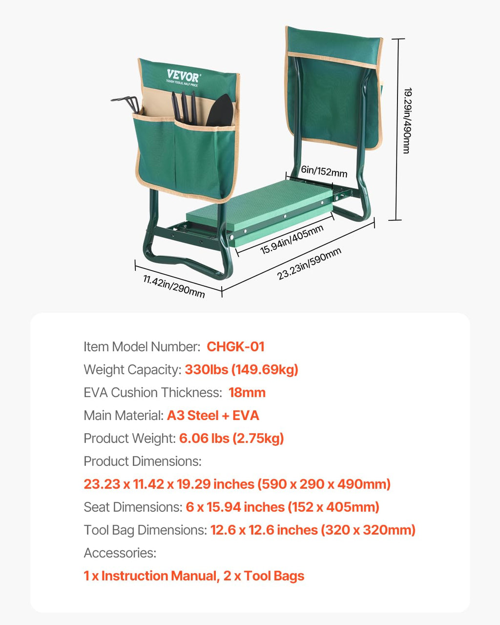 VEVOR Garden Kneeler and Seat Heavy Duty, Portable Garden Stool with 6'' EVA Kneeling Pad and 2 Tool Bags, Folding Garden Bench to Relieve Knee & Back Pain, Great Gifts for Seniors, Family Gardeners