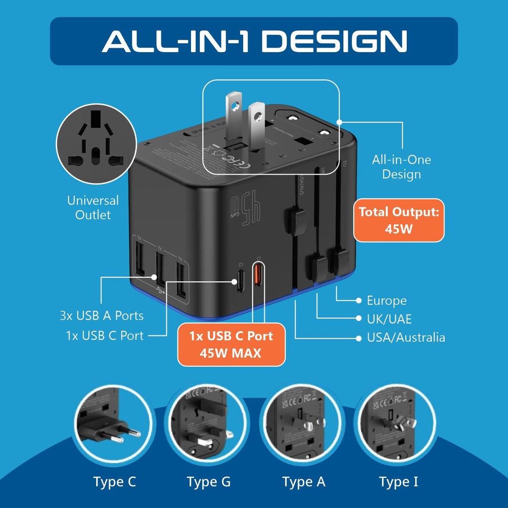 Ceptics Universal Travel Adapter, 45W International Power Adapter with PD & QC 3.0 Dual USB-C, 3 USB Travel Adapter Worldwide, Type I C G A Outlets 110V 220V A/C - EU Euro US UK (11-KU)