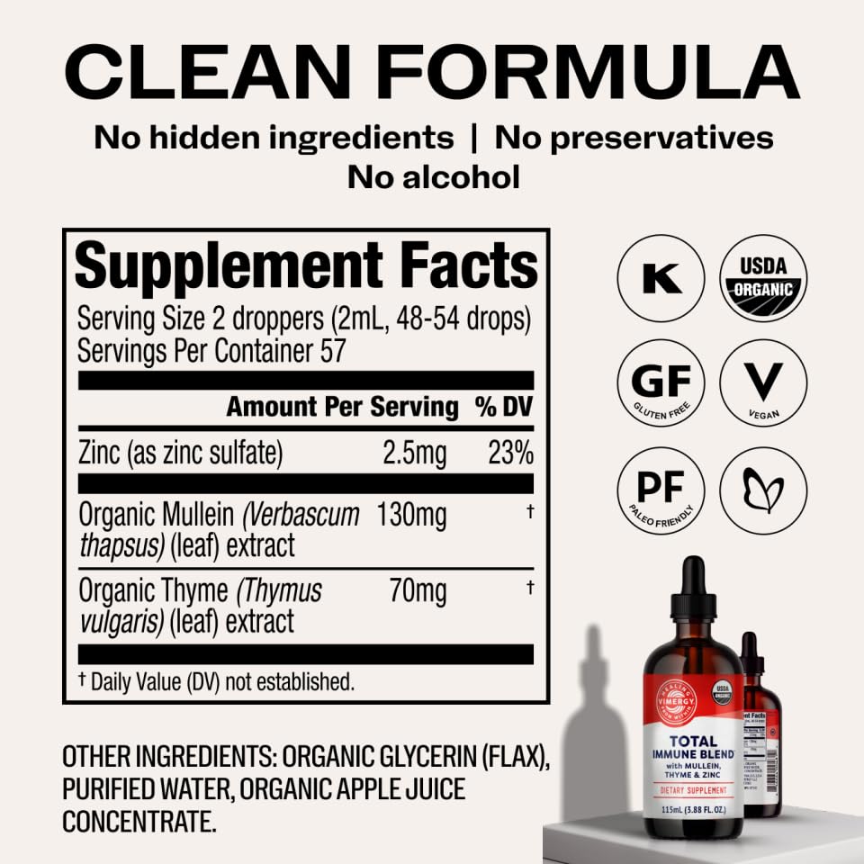 Vimergy USDA Organic Total Immune Blend* Liquid Supplement, 57 Servings Fast-Absorbing Immune Support – All-Season, Zinc, Thyme and Mullein Drops Non-GMO, Vegan, Immunity Support for Adults (115 mL)