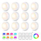 Ahuledlight LED Puck Lights with Remote Control, 16 Color Changing Under Cabinet Lighting with Dimmer & Timer, AAA Battery Operated,Under for Closet Bedroom Kitchen, Stair (12 Pack White)