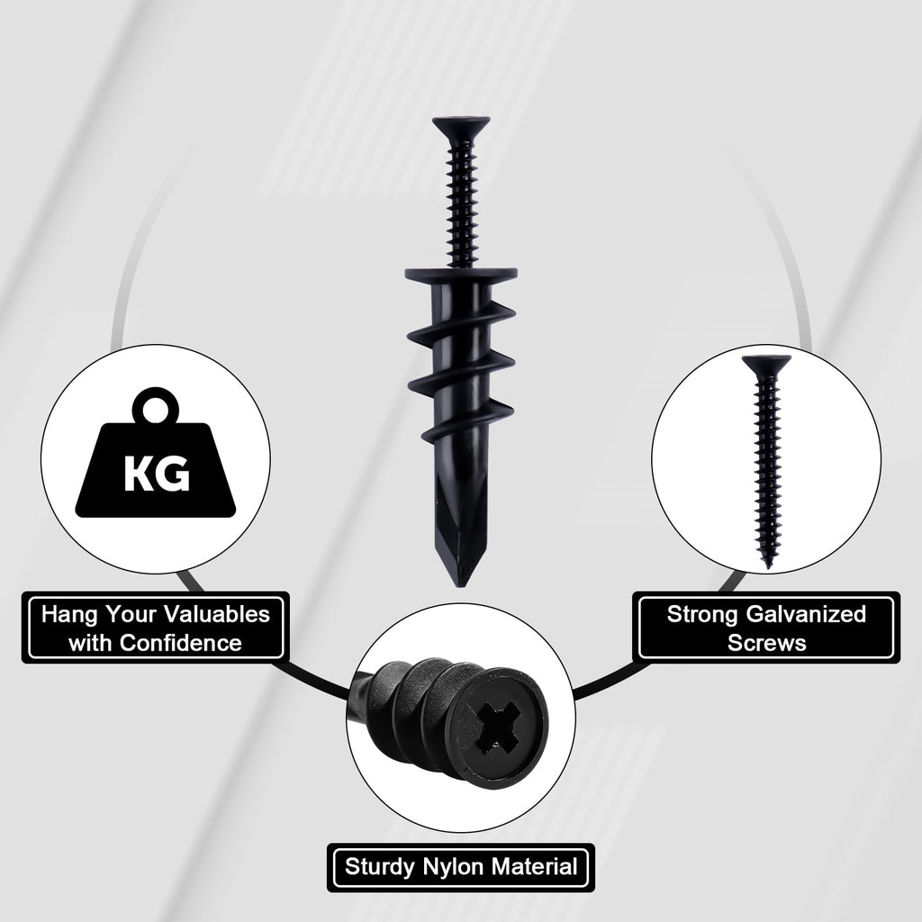 KURUI 140PCs #8 Self Drilling Drywall Anchors, Heavy Duty Dry Wall Anchors and Flat Head Screws Kit, 75LB Hanging for Picture Frames, Wall Decor Art and Curtain Rods, Sheetrock Hangers - Black