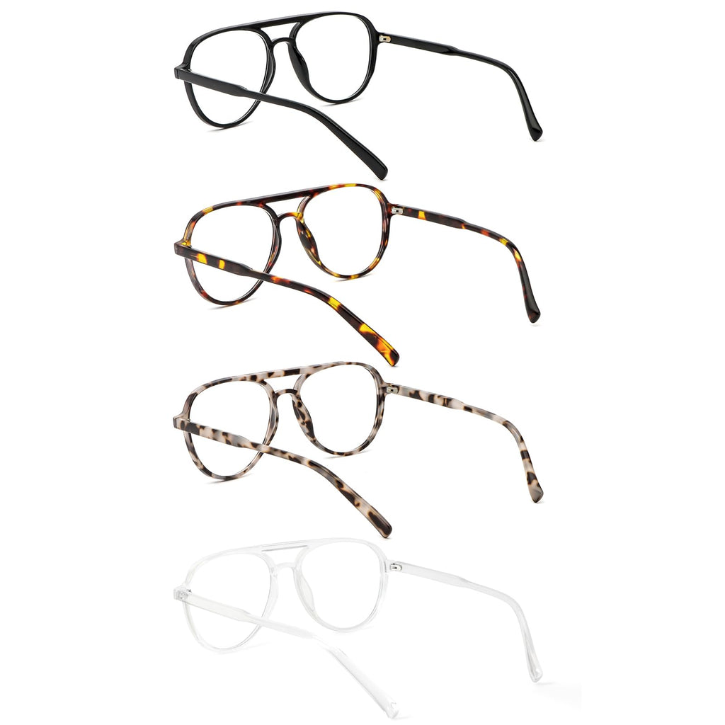 MMOWW 4 Pack Oversized Aviator Reading Glasses for Women Men Retro Double Bridge Pilot Style Blue Light Blocking Computer Readers, Black/Tortoise/Grey Tortoise/Transparent +1.5