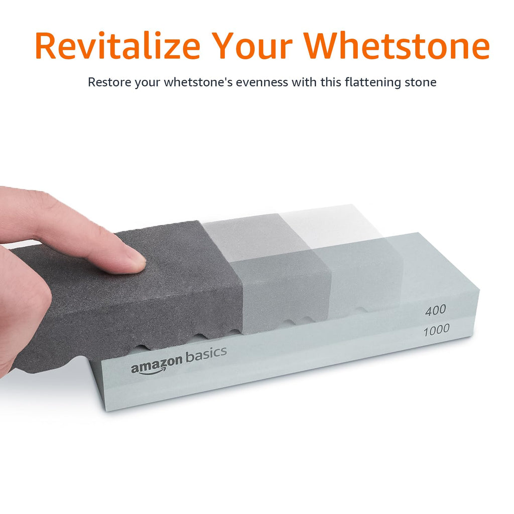 Amazon Basics Whetstone Knife Sharpening Stone Set, Double-sided 400/1000 and 3000/8000 Grit Stones, Flattening Stone with Angle Guide, Non-Slip Bamboo Base, 3 Count, Black & Grey