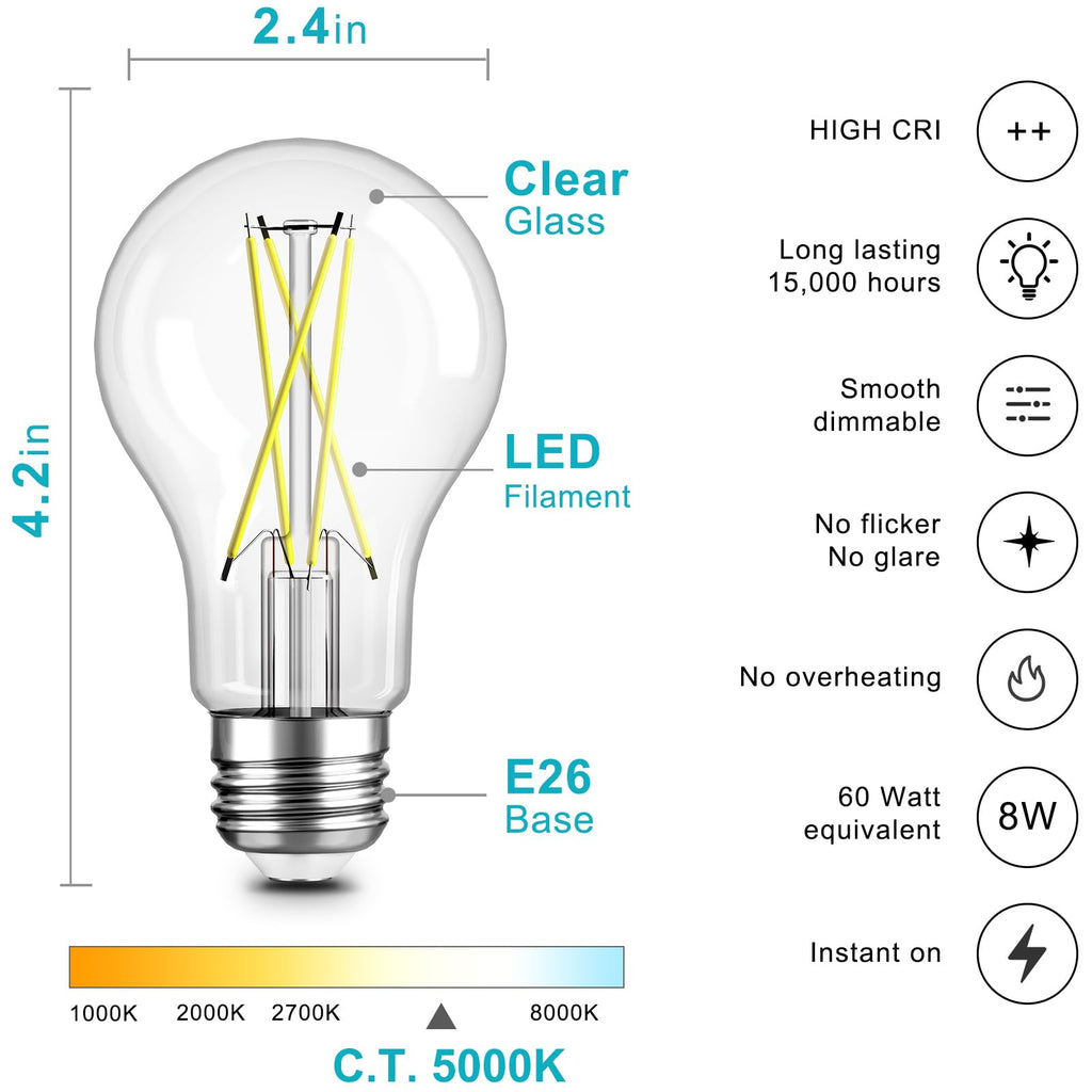 TJOY 6 Pack A19 Vintage LED Edison Bulbs, Dimmable Light Bulb 60W Equivalent, High Brightness 5000K Daylight, Ultra-Bright, 8W E26 Standard Base, 800Lumens, CRI80+, Clear Glass Filament Bulb for Home