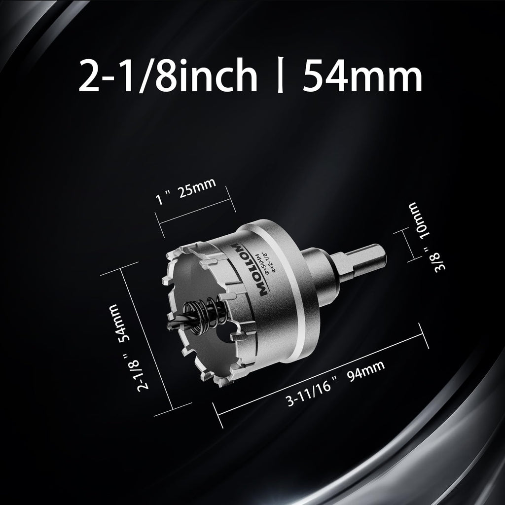Mollom (2-1/8''|54mm) Heavy Duty Carbide Hole Saw with 2 Pilot Drill Bits, Hole Cutter cuts Stainless Steel, mild Steel, Iron, Copper, Brass, Plastic